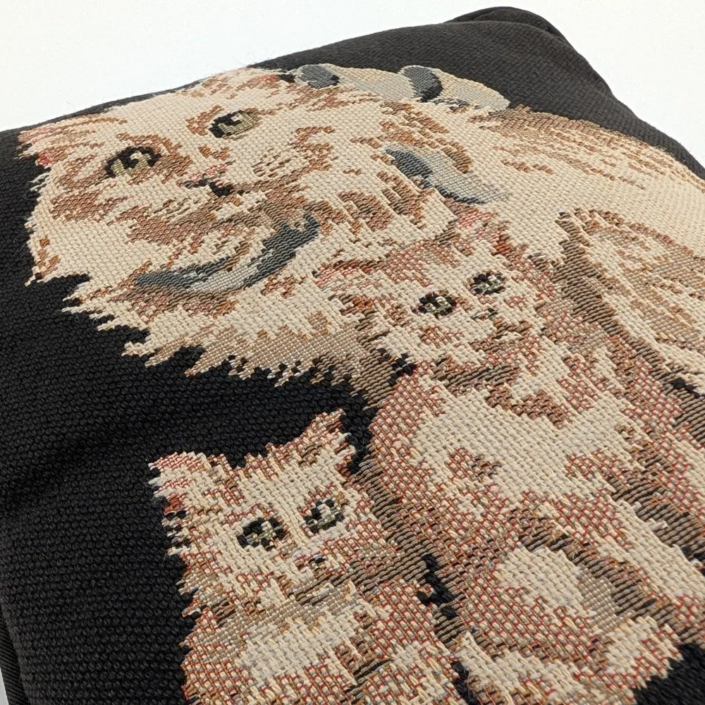 Vintage‎ Woven Tapestry Cat and Kittens Throw Pillow Black Beige Square Accent